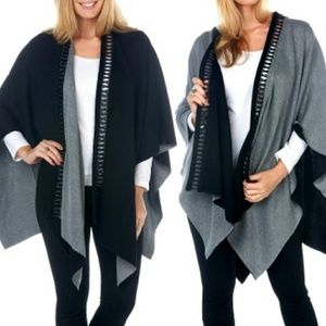 LYSSE Reversible Poncho, Black/Gray Leather Trim
